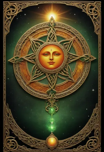 Tarot Card Style, black starry background, big orange and yellow sun in center, border gold celtic knot, masterpiece, official art, <lora:DUSK_XL_TAROTCARD_dadapt_cos_5e4:.8>, green