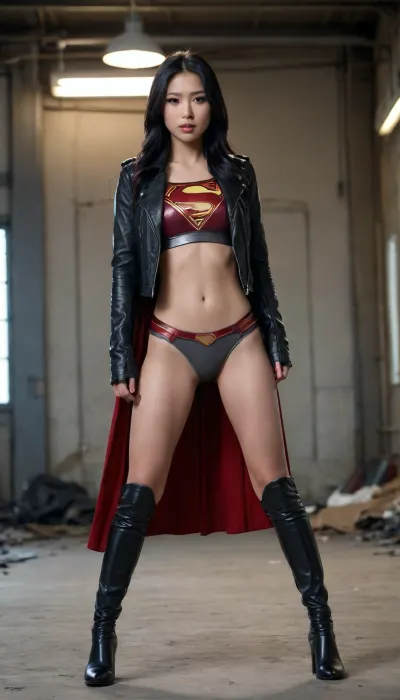 Asian Supergirl, wearing crop top only, nude from the waste down, medium breast, shaved pussy, long black hair, black leather jacket, only-18-year-old, naked from the waste down, full body shot.