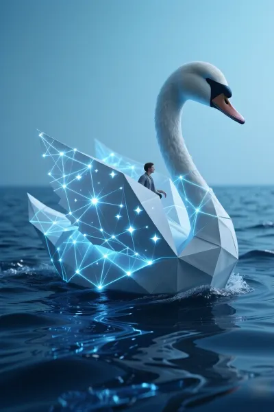 A surrealistic scene of a traveller crossing a cosmic, glowing sea on a giant vintage pocket watch. The watch’s hands serve as oars, cutting through waves of liquid mercury. In the background, floating doors and staircases lead up into the starry sky. In the style of Salvador Dalí and René Magritte, with a dreamlike atmosphere and cinematic lighting