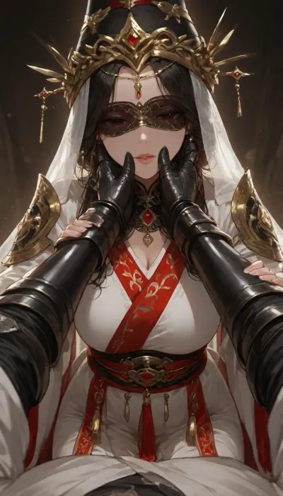 (1male, 1female), A cinematic, intimate embrace between a warrior in ornate black armor and a woman in a flowing white and red traditional hanfu. The warrior, wearing a wide-brimmed black conical hat with gold accents and hanging tassels that veil their faces, leans in to kiss the woman. She wears a white robe adorned with vivid red floral patterns and a crimson sash, her dark hair styled in an elegant updo. The armor is intricately detailed with dark metallic filigree and heavy gauntlets. The lighting is moody and atmospheric, with soft golden highlights contrasting against a deep, muted background, emphasizing the romantic and protective tension of the pose., first person POV shot, through the eyes perspective, immersive subjective viewpoint
