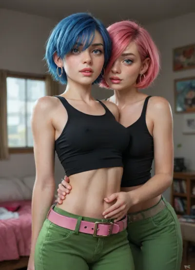 Hud, HDR, Marie Kanker from Ed, Edd & Eddy tv show, ((complete color outfit viewed into the tv show, green pants of the outfit, tight black tank top of the outfit, pink loose belt of the outfit), (medium breast:1.2), blue hair color, (short hair that covers her right eye:1.2), blue eyeshadow color, pale skin color), clearly adult, beautiful, extra facial detail, extra eye detail, award-winning picture, excessive detail, soft light, soft colors, nighttime bedroom, (colorful bedroom:1.2), drooling profusely, drool dripping onto her breasts, completely wet with saliva, excessive saliva, large, small breasts, erect nipple, she holds them from below, squeezing breasts hard, stares at her breasts as she spits excessively, big blue eyes, (freckles:1.3), (hair over eye:1.3), (hair behind ear:1.3), soft pale skin, blushing, (full-face blushing:1.3), very shy, unsure, (freckled face:1.1), (wide open eyes:1.39), (parted lips:1.3), perky breasts, sexy large hoop earrings, pink lipstick, beautiful makeup, rose cheeks, dimples, detailed cheekbones, sucked in stomach, cinched waist, snatched waist, (perfect delicate body:1.3), wide hips, firm butt, 2 delicate women, soft skin, full body, side view, soft lighting, photorealistic, ((dimorphic twins:1.6)), 8K UHD, DSLR, high quality, masterpiece, best quality, highly detailed, perfect lighting, midriff, naked, ((blue hair twin and pink hair twin:1.8)), ((Dutch side angle)), making eye contact, grabbing each other’s boob
