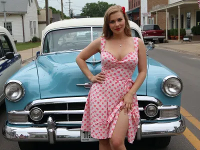 24 year old woman, (very beautiful:1.4), (very busty:1.6), ((voluptuous)), 1950s summer dress, standing in front of an 1950s classic American car, main street of a small Mid Western town
