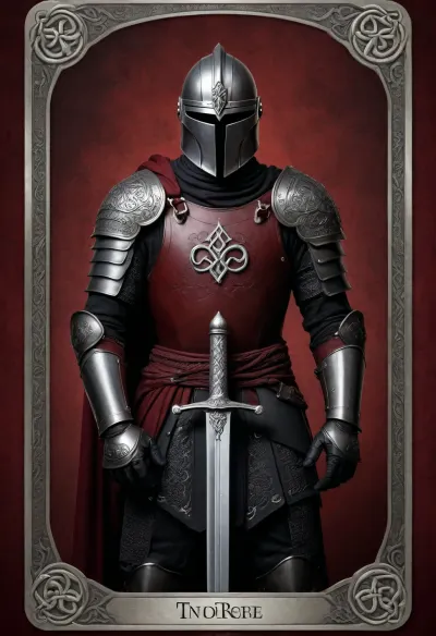 Tarot Card Style, dark red background, knight in black armour, holding a sword, border silver celtic knot, masterpiece, official art, <lora:DUSK_XL_TAROTCARD_dadapt_cos_5e4:.8>