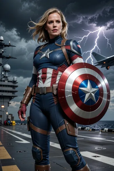 HD illustration of a curvy 30 years old woman, she is wearing a Captain America full body suit, dull fabric, holding a round Captain America shield, on the deck of a flying aircraft carrier, dark clouds, lightning storm, heavy winds, realism