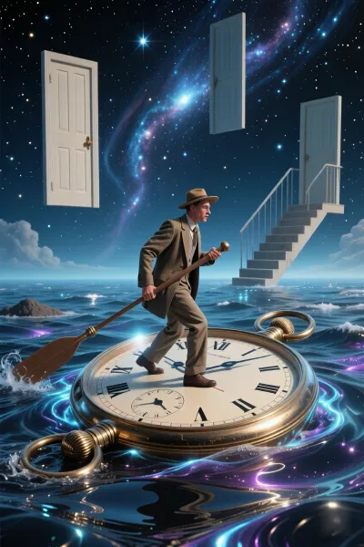 A surrealistic scene of a traveller crossing a cosmic, glowing sea on a giant vintage pocket watch. The watch’s hands serve as oars, cutting through waves of liquid mercury. In the background, floating doors and staircases lead up into the starry sky. In the style of Salvador Dalí and René Magritte, with a dreamlike atmosphere and cinematic lighting