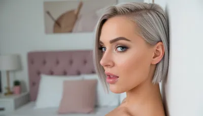 intimate portrait of a sultry woman posing sensually in her cozy bedroom with minimalist feminine decor, huge expressive eyes looking away in a coy side-eye glance, sleek silver-blonde pixiecut hair in a tight undercut, sensual lipbite expression, delicate triangular face with high chiselled cheekbones, she is anchored to the side of the image with her bed featured prominently in the background using a rule-of-thirds composition