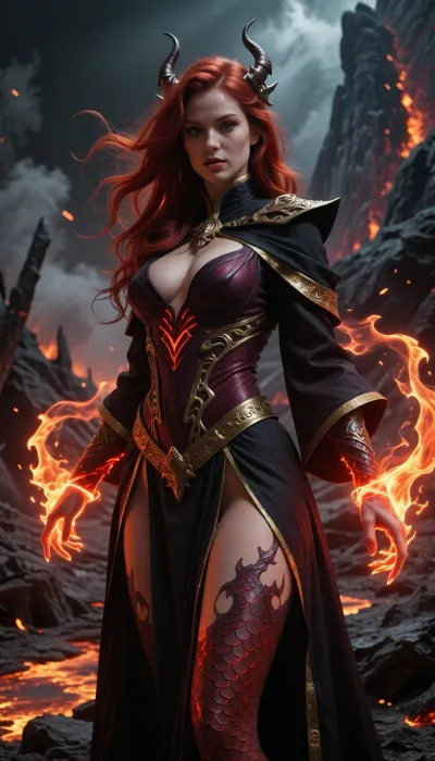 beautiful female sorcerer, Draconic Bloodline theme, standing in a volcanic cavern or burning battlefield, faint dragon scales visible on her skin, glowing red-orange magic swirling around her hands, long red hair blowing in the heat, dark robes with gold trim, cinematic firelight and shadows, photorealistic textures, ultra-detailed, 8k, RAW photo, realistic fantasy portrait, ember and smoke atmosphere, strong contrast, moody and powerful lighting