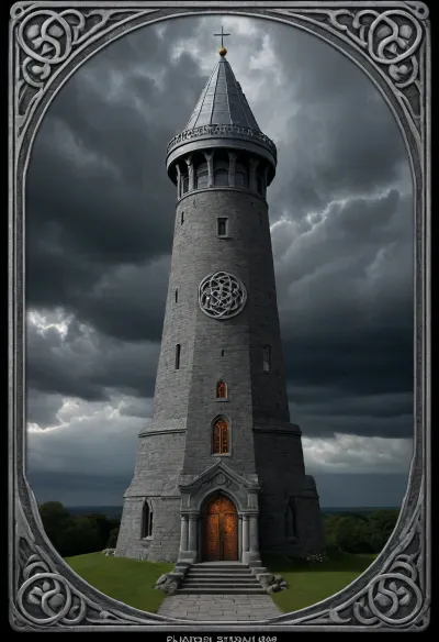 Tarot Card Style, Black stormy background, high tower, bluestone domed top, dark windows, border silver celtic knot, masterpiece, official art, <lora:DUSK_XL_TAROTCARD_dadapt_cos_5e4:.8>