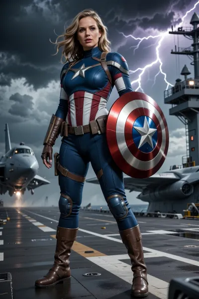 HD illustration of a curvy 30 years old woman, she is wearing a Captain America full body suit, dull fabric, holding a round Captain America shield, on the deck of a flying aircraft carrier, dark clouds, lightning storm, heavy winds, realism