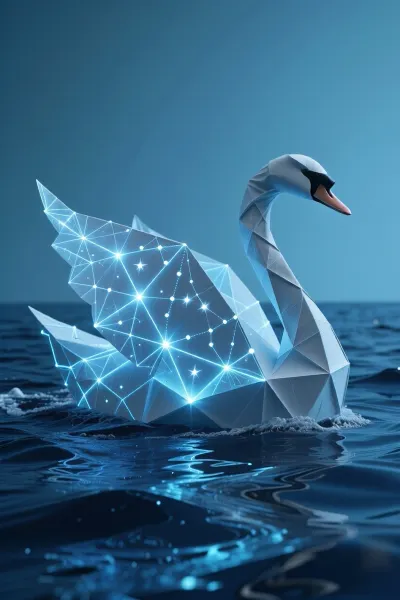 A surreal conceptual art piece. A traveller sailing across a deep blue ocean made of liquid velvet inside a giant, glowing origami swan. The swan’s wings are woven from constellations and glowing web-like lines. Minimalist surrealism, ethereal, soft volumetric lighting, high fantasy