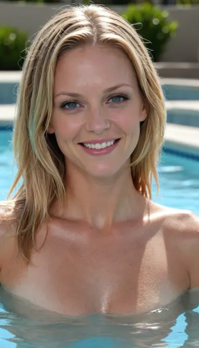 smiling A.J. Cook as a sexy nude swimmer, seductive smile, all wet, extremely long wet blonde hair, in her private pool pool, cloudless sunny day, leaning forward, smoldering gaze, ready for sex, sexy pose, <lora:Carmine_Red_Lips:1.9>