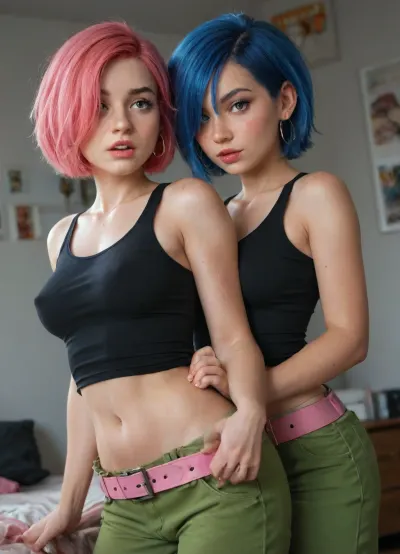 Hud, HDR, Marie Kanker from Ed, Edd & Eddy tv show, ((complete color outfit viewed into the tv show, green pants of the outfit, tight black tank top of the outfit, pink loose belt of the outfit), (medium breast:1.2), blue hair color, (short hair that covers her right eye:1.2), blue eyeshadow color, pale skin color), clearly adult, beautiful, extra facial detail, extra eye detail, award-winning picture, excessive detail, soft light, soft colors, nighttime bedroom, (colorful bedroom:1.2), drooling profusely, drool dripping onto her breasts, completely wet with saliva, excessive saliva, large, small breasts, erect nipple, she holds them from below, squeezing breasts hard, stares at her breasts as she spits excessively, big blue eyes, (freckles:1.3), (hair over eye:1.3), (hair behind ear:1.3), soft pale skin, blushing, (full-face blushing:1.3), very shy, unsure, (freckled face:1.1), (wide open eyes:1.39), (parted lips:1.3), perky breasts, sexy large hoop earrings, pink lipstick, beautiful makeup, rose cheeks, dimples, detailed cheekbones, sucked in stomach, cinched waist, snatched waist, (perfect delicate body:1.3), wide hips, firm butt, 2 delicate women, soft skin, full body, side view, soft lighting, photorealistic, ((dimorphic twins:1.6)), 8K UHD, DSLR, high quality, masterpiece, best quality, highly detailed, perfect lighting, midriff, naked, ((blue hair twin and pink hair twin:1.8)), ((Dutch side angle)), making eye contact, grabbing boob