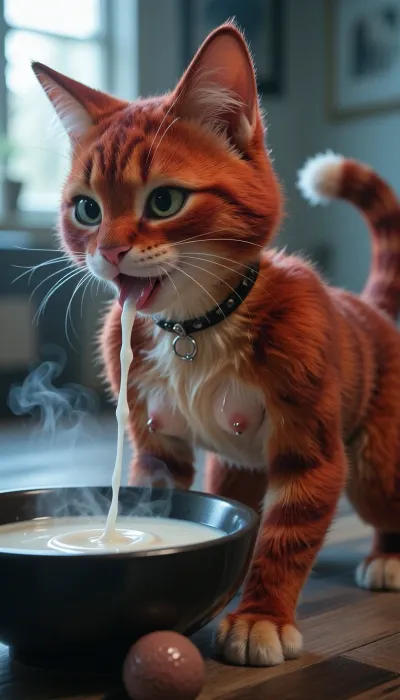 MATHYRI MIKRO ultra photorealistic cinematic, (20 years old petite woman, instagram model petite, Sweaty, piercing nipples, tits pierced, septum piercing, nose piercing, chocker, small boobs, very slim girl, slim Masterpiece, furry, futanari, solo, (Anthropomorphic cat, from "Zootopia"), thick fur, naked, Anthropomorphic feline body, tiny cat, skinny, very small ass, narrow hips, small breasts, on all fours, on floor, (narrow waist), red pelt, happy face, ((it drinks milk from bowl)), lips on the milk, licking milk, face on the bowl, seductive ass, (blur background), light rays from window, steam, Cold color temperature, cat feeding, dynamic view, side view, Trfut, flac-futa, balls, flac-penis, photo, artwork)