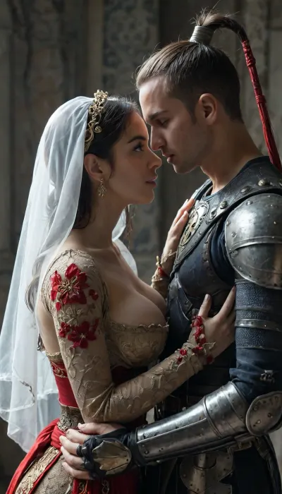 (1male, 1female), A cinematic, intimate embrace between a warrior in ornate black armor and a woman in a flowing white and red traditional hanfu. The warrior, wearing a wide-brimmed black conical hat with gold accents and hanging tassels that veil their faces, leans in to kiss the woman. She wears a white robe adorned with vivid red floral patterns and a crimson sash, her dark hair styled in an elegant updo, ((exposed huge breasts)), . The armor is intricately detailed with dark metallic filigree and heavy gauntlets. The lighting is moody and atmospheric, with soft golden highlights contrasting against a deep, muted background, emphasizing the romantic and protective tension of the pose., first person POV shot, through the eyes perspective, immersive subjective viewpoint, (((side view))), ., juunihitoe, nicorima, <lora:Juunihitoe_TrueXL-000013:.8>, <lora:Nicorima Style:.8>