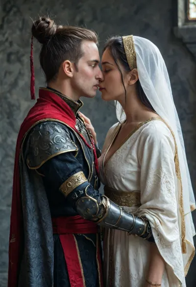 (1male, 1female), A cinematic, intimate embrace between a warrior in ornate black armor and a woman in a flowing white and red traditional hanfu. The warrior, wearing a wide-brimmed black conical hat with gold accents and hanging tassels that veil their faces, leans in to kiss the woman. She wears a white robe adorned with vivid red floral patterns and a crimson sash, her dark hair styled in an elegant updo. The armor is intricately detailed with dark metallic filigree and heavy gauntlets. The lighting is moody and atmospheric, with soft golden highlights contrasting against a deep, muted background, emphasizing the romantic and protective tension of the pose., first person POV shot, through the eyes perspective, immersive subjective viewpoint, side view.