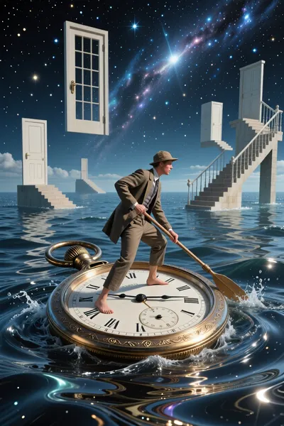 A surreal scene in which a traveller crosses a shimmering cosmic sea on a giant antique pocket watch. The watch hands serve as oars, cutting through waves of liquid mercury. In the background, floating doors and staircases lead upwards towards the starry sky. In the style of Salvador Dalí and René Magritte, with a fairy-tale atmosphere and cinematic lighting