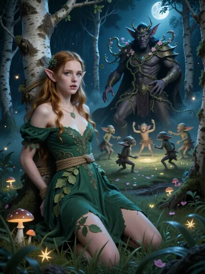 in the style of a 8k sharp high-quality masterpiece fairy-tale book, an adult elf with luminous fair skin, pointed ears, and long copper-gold hair, in front of a birch trunk, she is tied to a birch trunk with a rope and look to the viewer, her hands bound behind her back so that her hands are not visible, moonlit birch grove, drawn toward a secret gathering. She wears a flowing forest-green dress layered with delicate leaf embroidery, her dress are torn. its hem brushing the tall grass. Her wide eyes and parted lips reveal curiosity, apprehension, and an irresistible sense of wonder. At the grove’s center, the imposing Goblin King towers above a circle of small, playful goblins. Vines coil around his elegant, otherworldly form, blossoms crown his dark hair, and ancient, seductive wisdom gleams in his eyes The goblins dance in a lively, theatrical ring, their gestures mischievous and dreamlike, suggesting enchantment rather than explicit sensuality. Pale birch trunks rise like silver pillars around the clearing, luminous mushrooms, drifting fireflies, and scattered petals glow beneath a deep indigo canopy. with foreground grass framing the scene and the king as its commanding focal point. Moonbeams, emerald shadows, soft mist, intricate organic textures, romantic dark-fantasy illustration, Pre-Raphaelite detail, mysterious, magical, alluring atmosphere.