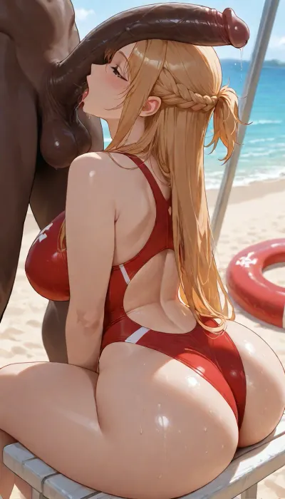 Interracial, asuna from sao, bleach blond hair, white and red sport swimsuit, lifeguard, licking testicles and scrotum of large African cock, sucking with hollowed cheeks, detailed shading, sitting, arching back, focus on ass, small brand on suit, on a tall lifeguard tower chair at beach, breast visible