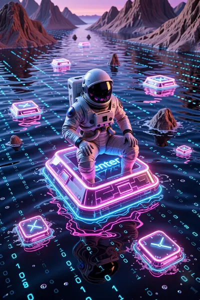 ‘A surreal digital landscape’. A cosmonaut sitting on a floating, glowing neon ‘Enter’ key, drifting across an ocean of glowing binary code and melting clocks. Cyber-surrealism, vibrant colours, fantastical digital art, Octane Render