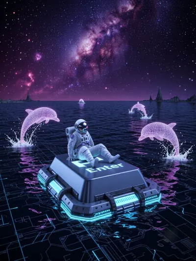A surreal sci-fi scene, a lone astronaut in a white spacesuit with a dark, reflective visor sits on a giant “Enter” key from a computer keyboard, which is floating in the middle of a dark ocean. The key is massive, with the brightly glowing blue-and-white word “Enter” at the top and technical panels and connectors along the edges. Underwater, glowing microchip schematics and digital circuits are visible in blue and purple light, the seabed resembles the circuit board of an electronic device. Several holographic dolphins leap out of the water, rendered as a glowing white-and-purple mesh with a neon glow. The sky is deep space, filled with stars and a large, bright nebula in shades of pink, purple, and blue. On the horizon are dark, rocky islands. The water is dark blue, with reflections of neon light.