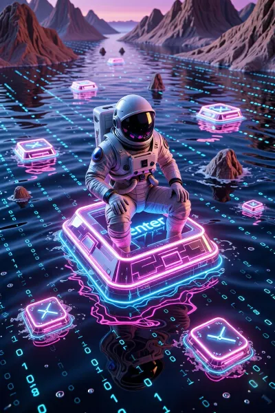 ‘A surreal digital landscape’. A cosmonaut sitting on a floating, glowing neon ‘Enter’ key, drifting across an ocean of glowing binary code and melting clocks. Cyber-surrealism, vibrant colours, fantastical digital art, Octane Render