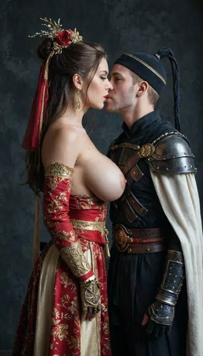 (1male, 1female), A cinematic, intimate embrace between a warrior in ornate black armor and a woman in a flowing white and red traditional hanfu. The warrior, wearing a wide-brimmed black conical hat with gold accents and hanging tassels that veil their faces, leans in to kiss the woman. She wears a white robe adorned with vivid red floral patterns and a crimson sash, her dark hair styled in an elegant updo, ((exposed huge breasts)), exaggerated breasts, pink areolas. The armor is intricately detailed with dark metallic filigree and heavy gauntlets. The lighting is moody and atmospheric, with soft golden highlights contrasting against a deep, muted background, emphasizing the romantic and protective tension of the pose., first person POV shot, through the eyes perspective, immersive subjective viewpoint, (((side view))), ., juunihitoe, nicorima, <lora:Juunihitoe_TrueXL-000013:.8>, <lora:Nicorima Style:.8>