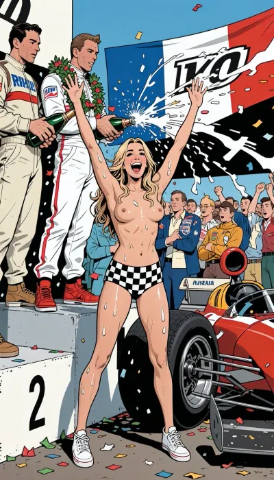 Jean Graton art style, 1960s Franco-Belgian bande dessinée illustration, Michel Vaillant comic book style. Depicting a scene at the winner's celebration after the French Grand Prix at Paul Ricard during the 1969 season. The jubilant winners, all dressed in racing overalls, stand on the podium shaking magnum bottles of champagne and spray the champagne all over a grid girl who stands at the bottom of the podium, long blonde wavy hair, laughing, raising her hands high in the air, black and white checkered hot pants, white canvas shoes. She is wearing no shirt, medium tits, wet body, wet hair. There are many cheering fans around and confetti is in the air. A race car is parked nearby. Winner is wearing a wreath over his shoulders.

Precise clean lines, clear line art, flat colors with subtle vintage halftone shading. Dynamic motion blurs and classic speed lines on a vintage Formula 1 race car. Cinematic angle, sharp focus, authentic mid-century European comic aesthetic, masterpiece, highly detailed.