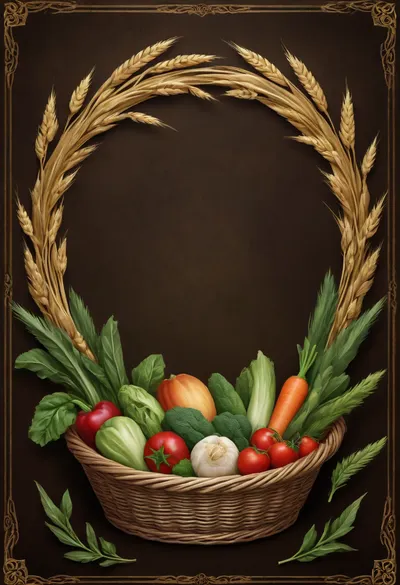 Tarot Card Style, dark brown background, wreath of wheat, basket of vegetables, border gold celtic knot, masterpiece, official art, <lora:DUSK_XL_TAROTCARD_dadapt_cos_5e4:.8>, green