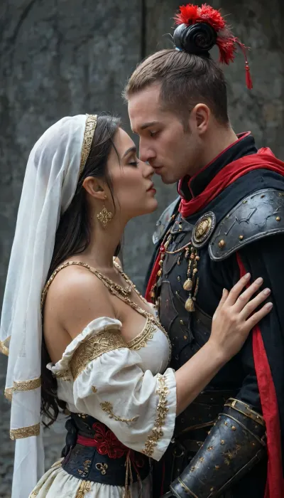 (1male, 1female), A cinematic, intimate embrace between a warrior in ornate black armor and a woman in a flowing white and red traditional hanfu. The warrior, wearing a wide-brimmed black conical hat with gold accents and hanging tassels that veil their faces, leans in to kiss the woman. She wears a white robe adorned with vivid red floral patterns and a crimson sash, her dark hair styled in an elegant updo, exposed huge breasts. The armor is intricately detailed with dark metallic filigree and heavy gauntlets. The lighting is moody and atmospheric, with soft golden highlights contrasting against a deep, muted background, emphasizing the romantic and protective tension of the pose., first person POV shot, through the eyes perspective, immersive subjective viewpoint, (((side view))), .