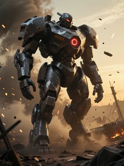 Stunning concept art depicting a colossal military combat mech in full-body view, standing on a smoke-filled sci-fi battlefield. Scratched dark-metal armour, tactical overlays and a red-glowing energy core visible through the chest plates. Spectacular smoke, embers floating in the air, cinematic ‘golden hour’ sunset lighting, debris and dust. Industrial design, highly realistic metallic textures, a stark aesthetic, cinematic visual effects — a masterpiece
