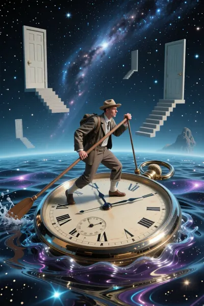 A surrealistic scene of a traveller crossing a cosmic, glowing sea on a giant vintage pocket watch. The watch’s hands serve as oars, cutting through waves of liquid mercury. In the background, floating doors and staircases lead up into the starry sky. In the style of Salvador Dalí and René Magritte, with a dreamlike atmosphere and cinematic lighting