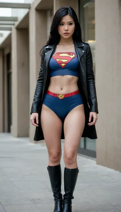 Asian Supergirl, she is wearing crop top only, she is nude from the waist down, medium breast, (((shaved pussy))), long black hair, black leather jacket, only-18-year-old, she is naked from the waist down, full body shot.