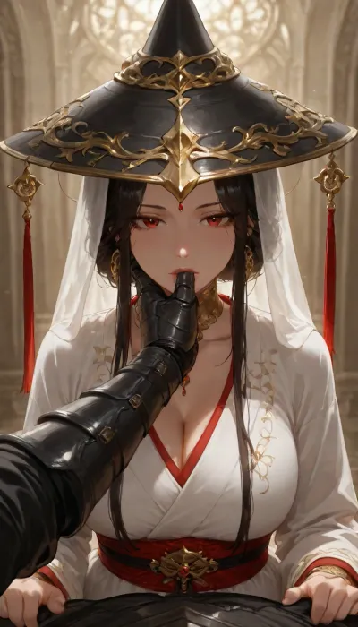 (1male, 1female), A cinematic, intimate embrace between a warrior in ornate black armor and a woman in a flowing white and red traditional hanfu. The warrior, wearing a wide-brimmed black conical hat with gold accents and hanging tassels that veil their faces, leans in to kiss the woman. She wears a white robe adorned with vivid red floral patterns and a crimson sash, her dark hair styled in an elegant updo. The armor is intricately detailed with dark metallic filigree and heavy gauntlets. The lighting is moody and atmospheric, with soft golden highlights contrasting against a deep, muted background, emphasizing the romantic and protective tension of the pose., first person POV shot, through the eyes perspective, immersive subjective viewpoint, side view.