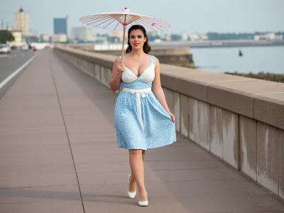 24 year old woman, (very beautiful:1.4), (very busty:1.6), ((voluptuous)), 1950s summer dress, parasol, walking long an esplanade