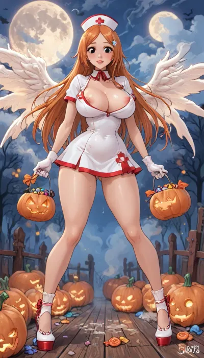 (innv meets jack cayless style), (reiq style, masterpiece, cel-shaded, limited color palette), (((beautiful perfect sexy Inoue Orihime from Bleach anime body:1.5))), (1girl, solo, alone, 18 year old woman), ((big curves anime body)), (big curves anime body), (gorgeous, seductive face, long hair, perfect ads, perfect big breast, muscles body, muscles arms, perfect hands, muscles legs, perfect big ass, hard puffy nipples, pubic hair, perfect puffy wet pussy, sweaty body), (((wide open up Spicy tight white red laced sexy bodysuit see throw), (Nurse hat), (angels wings), (Nurse gloves), (tight Nurse lagging), (Nurse Halloween high heel shoes))), (hand holding a Halloween Candy bucket), (standing doing trick or treat pose), (Halloween Candy, ghost, jack o lanterns pumpkins, candy, blood, moon, nighttime, steam, wood, smoke, Halloween background), ultraviolet light, LoL, Style, cute, doodle, 1girl, orange, hair, ornament, white, dress, cleavage, school, uniform, skirt, breast, <lora:LCMTurboMix_Euler_A_fix:2>, <lora:FF-Halloween-Full:2>, <lora:cutedoodle_XL-000012:2>, <lora:cartoon_stickers_xl_v1:2>, <lora:Inoue:2>