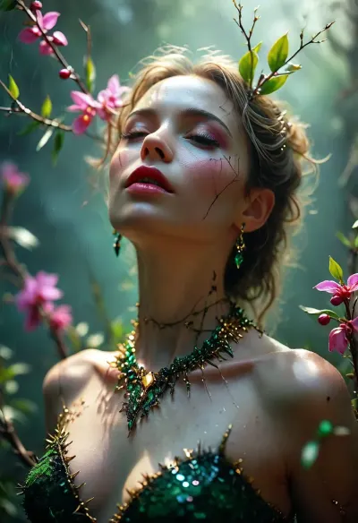 (smooth rendering and vibrant colors:.1), artistic, low angle, body, 40 yo, ethereal belle female orchid predator made of thorns, dress of thorns, thorns emerge from her skin, thorn-like gold jewelry, playful pout, dark misty void with violet and emerald shimmering surfaces, harsh direct lighting, sweetness, soft focus, natural beauty, /KlTTY-ART/, <lora:COMFYUI_mimic_landscape_-_XL_SDXL v2.0:.5>, <lora:MJ52:.1>