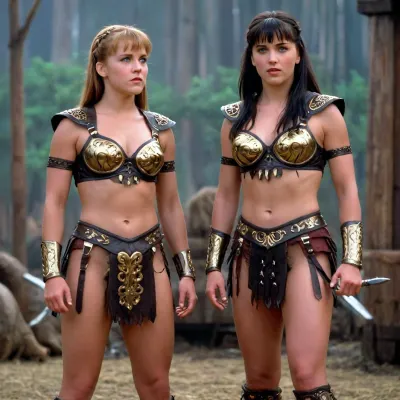 Young Xena, Warrior Princess, stands next to young Gabrielle. Both are bottomless. Their entire bodies are visible.Xena, <lora:xena_v0.0.1:.8>, reneeo'connor101, <lora:Renee_OConnor_SDXL_101:.8>