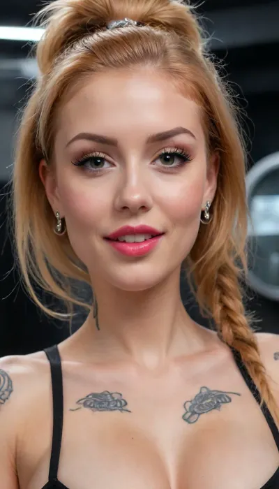 (bimbo slut:1.6), (spacecraft large control large room:1.4), (POV slightly view:1.3), (narrow innocent looking face:1.2), intense eye makeup, black eyeshadow, fake eyelashes, heavily lined eyes, thick eyeliner, red lipstick, high ponytail hair, (light very white high-tech sci-fi bdsm machine behind:1.2), (white machine up to height of breast:1.2), (young beautiful petite woman:1.2), (girl is stuck leaning forward up in a small horizontal hole with bdsm light machine behind:1.2), (lower body hidden to breasts into horizontal big machine behind:1.2), (lever rod fixed to back of head from behind:1.2), (arms behind in machine:1.2), (stuck from small horizontal rim machine behind:1.2), (Mouth stick bar:1.2), (very close mouth:1.2), (model cutie:1.8), (perfect:1.2), (slender fit skinny:1.2), (small thin waist:1.3), (tattooed wide shoulders:1.4), (she looking up:1.3), (perfect lips), (cum on face:1.3), (glowing light white massive very oversized electronic collar device around very short throat:1.2), (orange smooth silky long hair:1.2), (very large distance between rounded large spherical breasts:1.2), (tan fair very oiled skin:1.2), (very beautiful perfect face:1.2), thin beautiful eyebrows, (very gorgeous:1.2), (sexy:1.4), (nipple ring piercings:1.4), (satisfied:1.2), (tattoo:1.3), (seductive sexy makeup:1.2), (long black eyelashes:1.4), lipstick, (stunning:1.3), (dimples on cheeks:1.4), (portholes:1.1), (masterpiece:1.1), <lora:skinny11:.5>, <lora:Microwaist_XL_v01:.5>