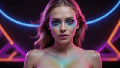 The environment is almost completely dark, illuminated by a carefully controlled combination of ultraviolet blacklight, deep violet atmospheric light, narrow laser beams, reflected light from metallic surfaces, and subtle fluorescent materials. UV-reactive makeup and body artwork should fluoresce dramatically under the blacklight. Fluorescent cyan, electric blue, violet, acid yellow-green, emerald, hot pink, magenta, orange, (((whole naked body view))), text, logo, <lora:dvr-ftl:.8>, (league, of, legends\)