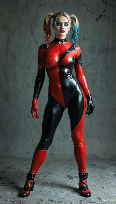 Sandbox Style, 8k, score_9, score_8_up, score_7_up, FILM PHOTOGRAPHY STYLE, cinematic photography of a woman, professional portrait photo realism, Harley Quinn in her classic latex jester costume, Harley Quinn from Batman, full body suit, black and red Harley Quinn suit, grey background, massive breast, full body view, slender legs, <lora:add-detail-xl:.8>, <lora:MJ52:1>, <lora:detailed_notrigger:2>, <lora:LCMTurboMix_Euler_A_fix:1>, <lora:style_lora_realis:.8>
