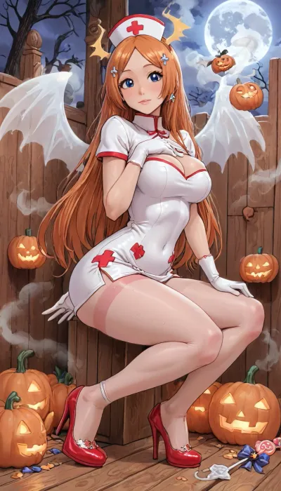 (innv meets jack cayless style), (reiq style, masterpiece, cel-shaded, limited color palette), (((beautiful perfect sexy Inoue Orihime from Bleach anime body:1.5))), (1girl, solo, alone, 18 year old woman), ((big curves anime body)), (big curves anime body), (gorgeous, seductive face, long hair, perfect ads, perfect breast, muscles body, muscles arms, perfect hands, muscles legs, perfect ass, sweaty body), (((Spicy Nurse dress Halloween Costume), (Nurse hat), (angels wings), (Nurse gloves), (tight Nurse pantyhose), (Nurse Halloween high heel shoes))), (trick or treat pose), (Halloween Candy, ghost, jack o lanterns pumpkins, candy, blood, moon, steam, wood, smoke, sauna background), ultraviolet light, LoL, Style, cute, doodle, 1girl, orange, hair, ornament, white, dress, cleavage, school, uniform, skirt, breast, <lora:LCMTurboMix_Euler_A_fix:2>, <lora:FF-Halloween-Full:2>, <lora:cutedoodle_XL-000012:2>, <lora:cartoon_stickers_xl_v1:2>, <lora:Inoue:2>
