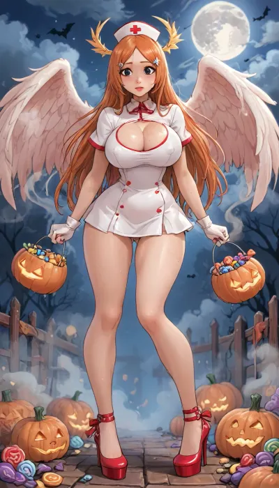 (innv meets jack cayless style), (reiq style, masterpiece, cel-shaded, limited color palette), (((beautiful perfect sexy Inoue Orihime from Bleach anime body:1.5))), (1girl, solo, alone, 18 year old woman), ((big curves anime body)), (big curves anime body), (gorgeous, seductive face, long hair, perfect ads, perfect big breast, muscles body, muscles arms, perfect hands, muscles legs, perfect big ass, hard puffy nipples, pubic hair, perfect puffy wet pussy, sweaty body), (((wide open up Spicy tight white red laced sexy bodysuit see throw), (Nurse hat), (angels wings), (Nurse gloves), (tight Nurse lagging), (Nurse Halloween high heel shoes))), (hand holding a Halloween Candy bucket), (standing doing trick or treat pose), (Halloween Candy, ghost, jack o lanterns pumpkins, candy, blood, moon, nighttime, steam, wood, smoke, Halloween background), ultraviolet light, LoL, Style, cute, doodle, 1girl, orange, hair, ornament, white, dress, cleavage, school, uniform, skirt, breast, <lora:LCMTurboMix_Euler_A_fix:2>, <lora:FF-Halloween-Full:2>, <lora:cutedoodle_XL-000012:2>, <lora:cartoon_stickers_xl_v1:2>, <lora:Inoue:2>