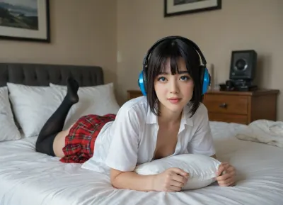 luxury bedroom, large bed, lots of pillows, computer screen in the background, masterpiece, (happy gamer girl), (Japanese:1.4), asian, emo, small nose, full lips, black hair with blue highlight, short hair, bangs, (blue eyes:1.5), very small round arse, headphones, pale, solo, lascivious smile, College uniform, ((unbuttoned white blouse, red plaid mini skirt riding up, black thigh high socks)), kooo123, kooosawaguchiaika, <lora:Sawaguchi_Aika_v1_XL:.8>