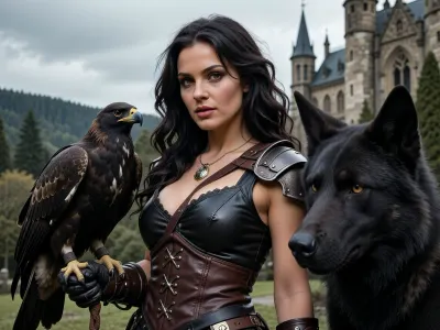 South pacific European mix woman, late 20s, long dark wavy hair, gold brown eyes, leather armor, large falcon on gloved hand, extra large dark wolf next to her, Gothic castle in background with forested hills, sharp focus, depth of field, 8k photo, HDR, professional lighting, taken with Canon EOS R5, DSLR, 75mm lens