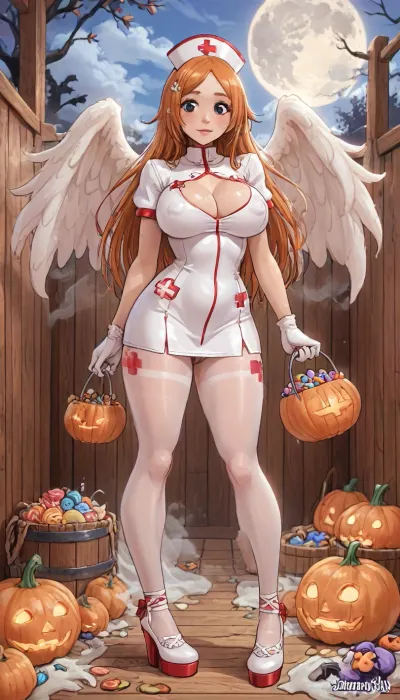 (innv meets jack cayless style), (reiq style, masterpiece, cel-shaded, limited color palette), (((beautiful perfect sexy Inoue Orihime from Bleach anime body:1.5))), (1girl, solo, alone, 18 year old woman), ((big curves anime body)), (big curves anime body), (gorgeous, seductive face, long hair, perfect ads, perfect big breast, muscles body, muscles arms, perfect hands, muscles legs, perfect big ass, hard puffy nipples, pubic hair, perfect puffy wet pussy, sweaty body), (((Spicy tight Nurse laced sexy underwear Costume), (Spicy tight Nurse laced sexy thong), (Nurse hat), (angels wings), (Nurse gloves), (tight Nurse pantyhose), (Nurse Halloween high heel shoes))), (hand holding a Halloween Candy bucket), (standing doing trick or treat pose), (Halloween Candy, ghost, jack o lanterns pumpkins, candy, blood, moon, steam, wood, smoke, sauna background), ultraviolet light, LoL, Style, cute, doodle, 1girl, orange, hair, ornament, white, dress, cleavage, school, uniform, skirt, breast, <lora:LCMTurboMix_Euler_A_fix:2>, <lora:FF-Halloween-Full:2>, <lora:cutedoodle_XL-000012:2>, <lora:cartoon_stickers_xl_v1:2>, <lora:Inoue:2>