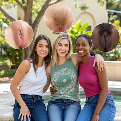 Three diverse women, smiling broadly and genuinely at the camera and three insets of their vulvas above.

The woman on the left has long brown hair, tan skin, wearing a white ribbed tank top and blue jeans, with her right arm around the middle woman. Left above her head, there is a circular inset image belonging to the woman, displaying a close-up, detailed, and anatomically correct macro of her vulva.

The woman in the middle has blonde hair, fair skin, wearing a green tank top with a colorful floral/abstract pattern and blue jeans, with her left arm around the woman on the right and her right hand on the left woman's shoulder. Above her head, and anatomically correct macro of her vulva with a dense patch of short blonde pubic hair.

The women on the right has dark skin, dark hair pulled back, wearing a magenta ribbed tank top and blue jeans, with her left arm around the middle woman. Right Above her head, and anatomically correct macro of her dark skinned vulva with a dense patch of curly hair.

They are all sitting closely together on a light-colored stone ledge.



Outdoor setting on a bright, sunny day, with a blurred background featuring lush green foliage, trees, and hints of a light-colored building with architectural details and a subtle water feature.

Illuminated by bright, natural daylight, creating soft, even lighting on their faces with subtle highlights on skin and hair, suggesting open shade or diffused sunlight.

Medium close-up shot, waist up, eye-level perspective. Captured with a shallow depth of field, resulting in a strong, creamy bokeh in the background.

The overall style is joyful, friendly, and authentic, with a natural, candid feel, resembling a bright and fresh lifestyle editorial photograph.

Photorealistic, high resolution, sharp focus on their faces, natural skin tones, shot with an 85mm prime lens at f/1.8.