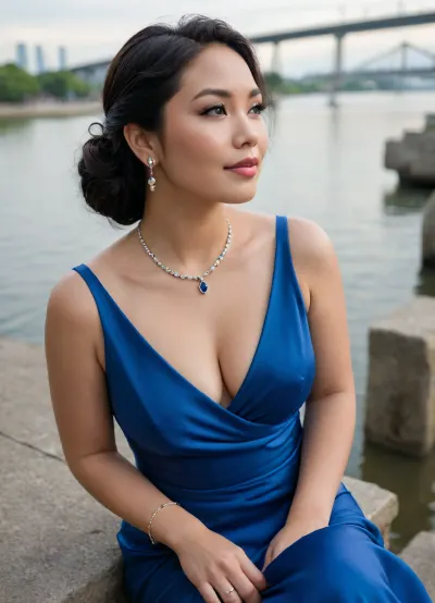 A highly photorealistic, natural-looking photograph of the same beautiful young plus-size Thai woman with black hair loosely tied back, sitting by the riverside. She wears an elegant modest royal-blue satin dress with a gathered waist, fully covering, no deep neckline. She wears lots of matching jewelry that complements the blue satin, a silver necklace with blue sapphires, matching drop earrings, several bracelets, and rings. She leans slightly forward with her arms resting naturally in front of her, gazing to the side with a soft, charming smile. A riverside bridge, calm water, and romantic urban atmosphere in the background. Natural lighting, sharp details, realistic skin texture, soft natural colors, candid lifestyle photography.