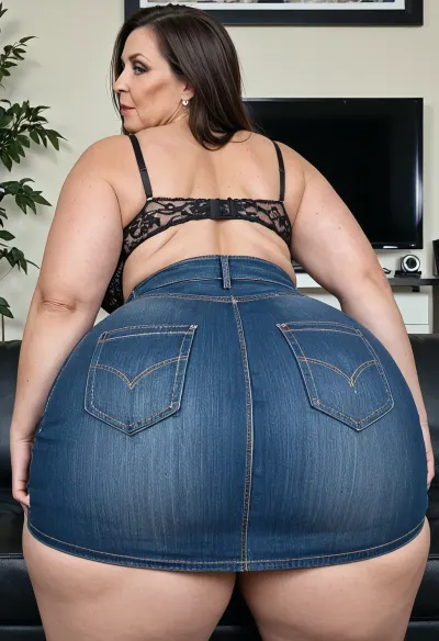 45 year old mom, (M.I.L.F), is at a casting couch trying out for a new porn movie., ((She is wearing a long length denim skirt with a lace bra)), . She is standing up straight looking forward., ((45 years old)), ((45 year old mom)), ((fat thighs)), ((hyper massive tear drop boobs)), ((extremely detailed 45 year old mom)), ((extremely detailed)), ((extremely real)), ((4k quality)), ((curvy body)), ((extremely detailed face)), ((back view)), ((long length denim skirt)), ((ass is covered by long length denim skirt)), face_refiner, <lora:Saggo_XL:2>, <lora:SDXLHighDetail_v6-000005:2>, <lora:SDXL_DatAss_v1:.3>, <lora:Adjust_SDXL_v3.0:2>, <lora:Skirt Length - SDXL_alpha1.0_rank4_noxattn_last:2>
