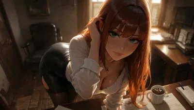 reiq meets markgavatino and melkor mancin artstyle, amazing photo quality, ultra realistic details, ultra high detailed characters, (masterpiece), (photo realistic), (hyper realistic), (high resolution), (maximum detail), score_9, score_8_up, score_7_up, highest quality, ultra-high resolution, photorealism, high quality, ultra-realism, 8k, HDR, ultra high detailed, indoors, evening, papers, cluttered desk, director's office, in the foreground a wide spacious men's desk, the man in business casual office wear, the man is sitting in an office chair at his desk, the man is holding a pen in his right hand and making notes in a document, (((girl is standing facing the desk))), (the girl bending forward over the desk closer to the viewer), (holds a cup of coffee and places it on the desk in front of the man), (puts the cup), the girl is adjusting her hair, looks at the viewer, eye contact, a slight smile, a blush, very beautiful russian girl aged 20–25 has shoulder-length chestnut hair and gray-green eyes, sensual lips, perfect body, firm round small breasts, detailed skin, one mole on the right breast, small pendant around the neck, wearing a white shirt, (black knee skirt:1.4), (covered), standing, subtle, see-through, the clearly defined silhouette of stockings and a garter belt visible beneath the clothing, (under clothing), silhouettes of underwear under clothing, cleavage, (the lace tops of the stockings are accidentally visible), the skirt rode up a little, revealing the tops of the stockings, creating dramatic chiaroscuro effects, perfect background, cinematic lighting, 8K, high detail, (low angle), man pov, (wide shot), (zoomed out:1.3), perfect anatomy, detailed faces, masterpiece faces, (detailed eyes), (masterpiece eyes), intricate detail, (photorealistic textures:1.2), (sharp focus:1.2), (refined textures:1.2), (natural shadows:1.2), (SuperQuality:1), (SuperQuality:1.2), <lora:MJ52:1.7>, <lora:Jeweled eyes-NAI:1.8>, <lora:BUT_SDXL_SHS:1.8>, <lora:attractive_notrigger:1.7>, <lora:dark:.8>