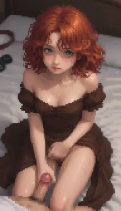 Pixel art stylized as a tired twenty‑year‑old girl, long curly red hair, green eyes, a round butt, small breasts, (A long dress), (a brown dress), (a medieval dress), in a tavern.

Wooden bed, Sitting, (hairy pussy:1.4), shoulders, embarrassed, fatigue, (wet titts:1.7), Looking up, (Man Standing, man nude, (penis:1.5), (Penis in hand:1.6)), Camera from above.

Retro‑style pixel aesthetic, soft halftone shades, bright colours — sprite style inspired by 16‑bit graphics, pixel art., Pixel, Art, PixArFK, <lora:PixelArtRedmond-Lite64:1>, <lora:pk_trainer_xl_v1:1>, <lora:pixel-art-xl-v1.1:1.9>
